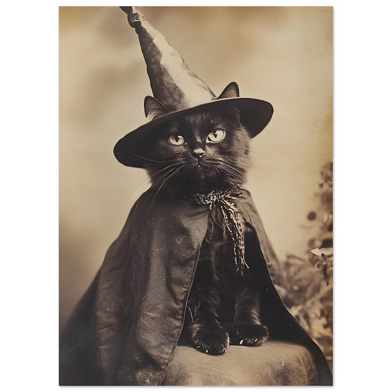 Vintage Witch Cat Wall Art Decor, Halloween Black Cat in Wizard Hat ...