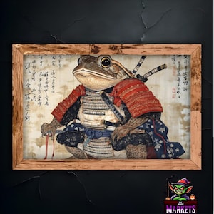 Impresión de arte de pared de rana samurái, póster de rana de estilo japonés, decoración de rana única para el hogar o la oficina, obra de arte de ilustración de rana vintage