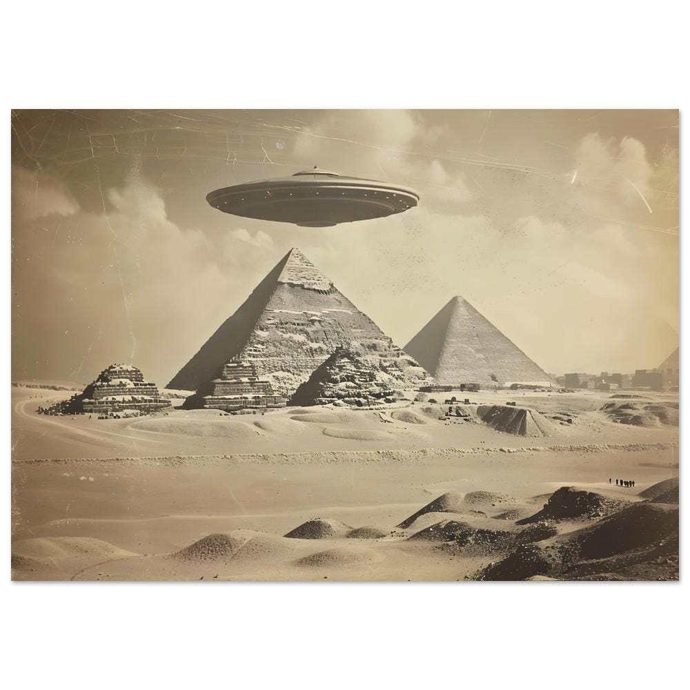 古代ピラミッドの壁画、エジプト上空のSF宇宙船、ヴィンテージ