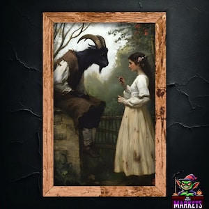 May include: A painting depicting a young woman in a white dress standing in a garden, conversing with a man with a goat's head. The man is seated on a stone wall, clad in brown and black attire.