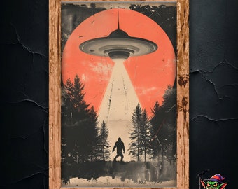 Platillo volador alienígena teletransportando a Bigfoot - Impresión de retrato surrealista en risografía