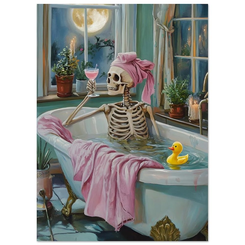 Skeleton in Bathtub Print, Skeleton Wall Art, Funny Gothic Bathroom Decor, Moonlit Skeleton Art, Halloween Skeleton Artwork image 2