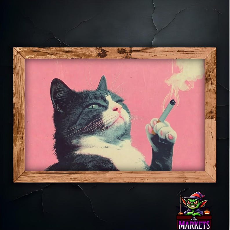 Retro Cat Smoking Poster - Wall Art for Cat Lovers - Smoking Cat Poster Print 60x90 cm / 24x36″