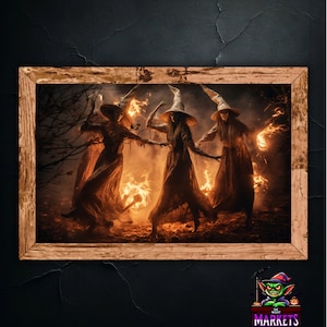 Gothic Dancing Witches Wall Art - Spooky Picture of Witches&#39; Ritual Dance and Dark Bonfire Magic