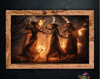 Gothic Dancing Witches Wall Art - Spooky Picture of Witches&#39; Ritual Dance and Dark Bonfire Magic