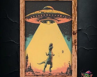 Alien Wall Art – UFO Abducting Dinosaur, Retro Sci-Fi Poster, Quirky T-Rex Print
