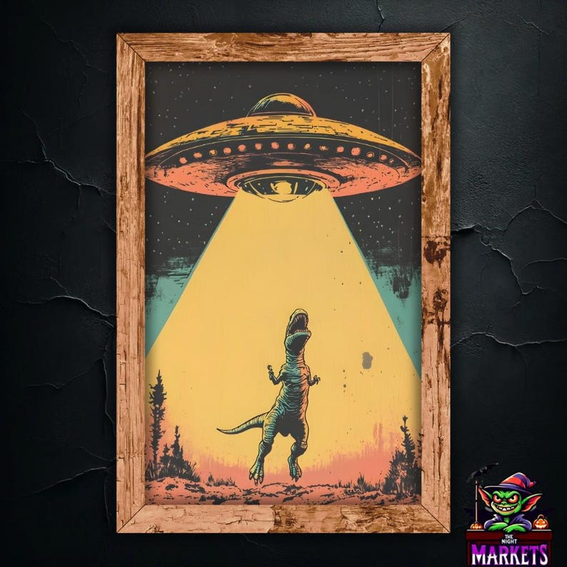Arte mural alienígena: OVNI secuestrando dinosaurios, póster retro de ciencia ficción, lámina original de T-Rex. 60x90 cm / 24x36″