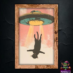 エイリアンと猫のウォールアート – UFO に誘拐される猫、楽しいレトロな SF ポスター、エイリアンと猫のプリント