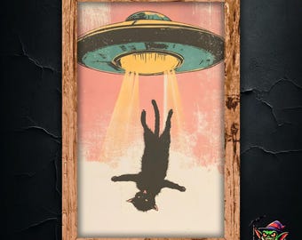 Alien and Cat Wall Art – UFO Abducting Cat, Fun Retro Sci-Fi Poster, Alien with Cats Print