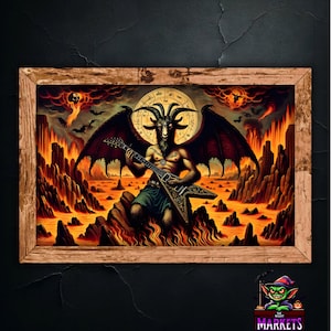 Puede incluir: Una pintura digital de una figura con forma de cabra con cuernos y alas tocando una guitarra eléctrica negra. La figura está rodeada de llamas y un símbolo circular con texto. El fondo es un paisaje de fuego.