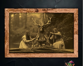 May include: A vintage sepia-toned photograph of two women in long dresses standing in a forest with a deer-headed figure in the center. The women are holding bells and the deer-headed figure is adorned with beads and bells.