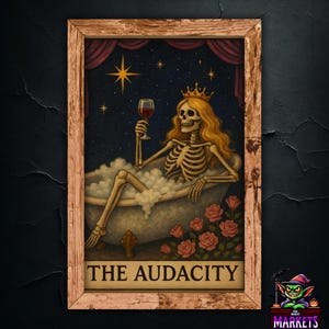 May include: A framed print featuring a skeleton in a bathtub, wearing a crown and holding a glass of wine. The background shows a starry night sky and red curtains. The text "THE AUDACITY" is at the bottom.