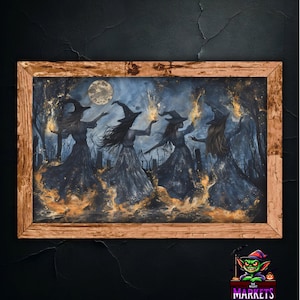 Mystische Hexen tanzen, magischer Wald im Mondlicht, dunkles Gothic Wohndekor, Fantasy Kunstdruck, einzigartige Geschenkidee für Halloween