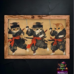 Ninja Cats Wall Art Print, schattige katachtige samurai poster, grappige kat decor, kawaii ninja kat illustratie, grillige kattenkunstwerk