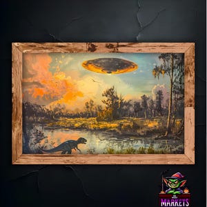 May include: A framed painting depicting a dinosaur standing in a swamp with a flying saucer hovering above. The painting has a vintage style and features a sunset sky with clouds.