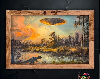 Dinosaur UFO Encounter Wall Art, Vintage Sci-Fi Landscape Print, Alien Spaceship Artwork, Retro Dinosaur Poster, Sci-Fi Wall Decor