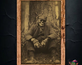Skeleton Graverobber Gothic Picture - Vintage Photo of Spooky Graverobber on Halloween