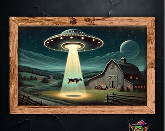 Lámina de abducción de alienígenas y vacas - Póster de vacas espaciales - Arte de vacas cósmicas en el espacio