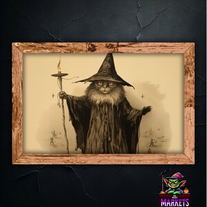 May include: A black cat wearing a pointed black hat and a long black robe holds a lit torch. The cat has a white beard and a serious expression. The background is a light beige with a few small figures in the distance.