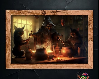 Gothic Witch Cats Brewing Potions - Spooky Picture of Magic Cats and Enchanted Elixirs