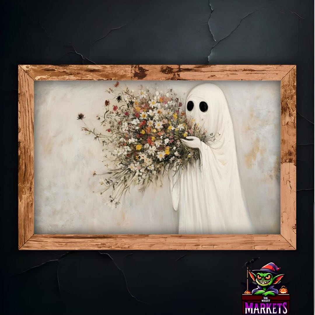 Ghost Holding Flowers Art Print, Cute Spooky Wall Décor, Unique Ghostly ...