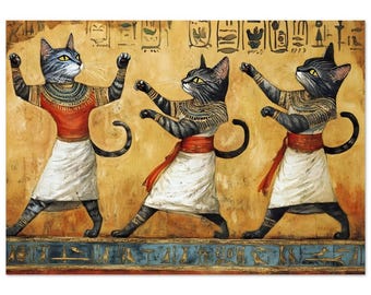 古代エジプトの猫のダンスの壁画、ヴィンテージの猫のアートワーク