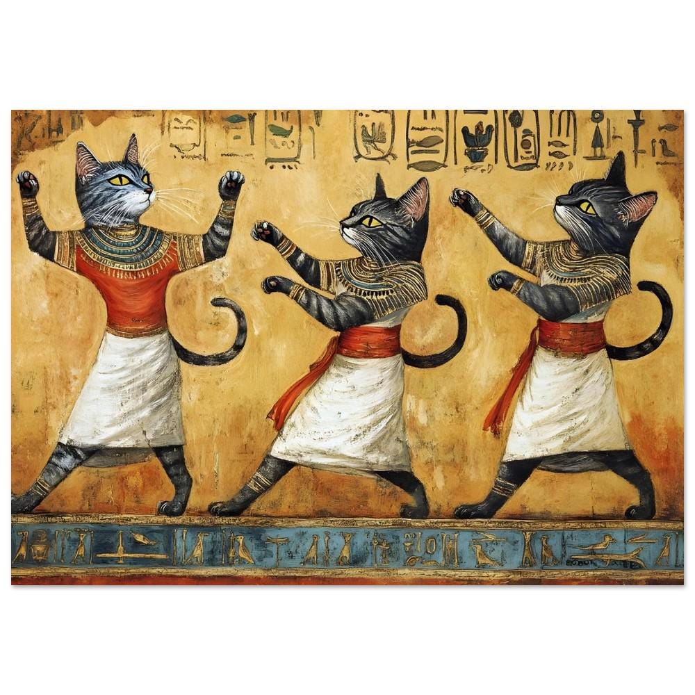 エジプト ビンテージポスター 猫 Bastet Cat by M. Azmy 古代エジプトの猫のダンスの壁アート、ヴィンテージの猫のアートワーク