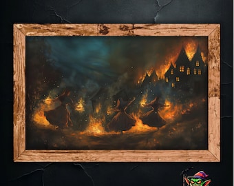 Gothic Fantasy Wall Art, Fire Dance Home Decor, Haunted House Painting, Dark Aesthetic Room Decoration, Unique Artistic Wall Print