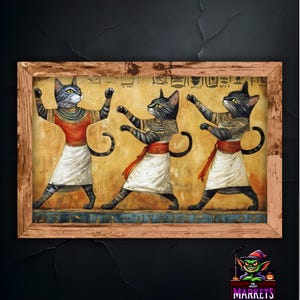 Ägyptischer Katzentanz, Vintage Katzen Kunst, Einzigartiges Wohndekor, Geschenk für Katzenliebhaber, Ägyptische Mythologie Kunst Poster, Katzenbezogene Wand