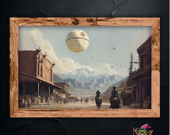 Lámina decorativa de Star Wars: la Estrella de la Muerte sobre un pueblo vaquero de estilo vintage. Una mezcla entre ciencia ficción y el Lejano Oeste.