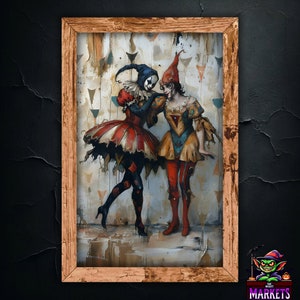 Gothic Clown Duo Wandkunst, Dark Fantasy Zirkus Dekor, einzigartiger skurriler Wanddruck, Harlekin Cosplay Kunstwerk, Geschenkidee