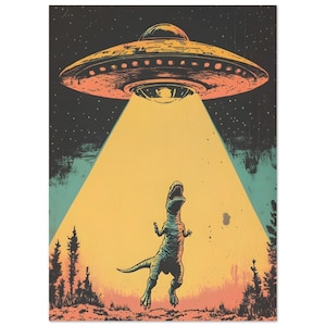 Arte mural alienígena: OVNI secuestrando dinosaurios, póster retro de ciencia ficción, lámina original de T-Rex. imagen 2