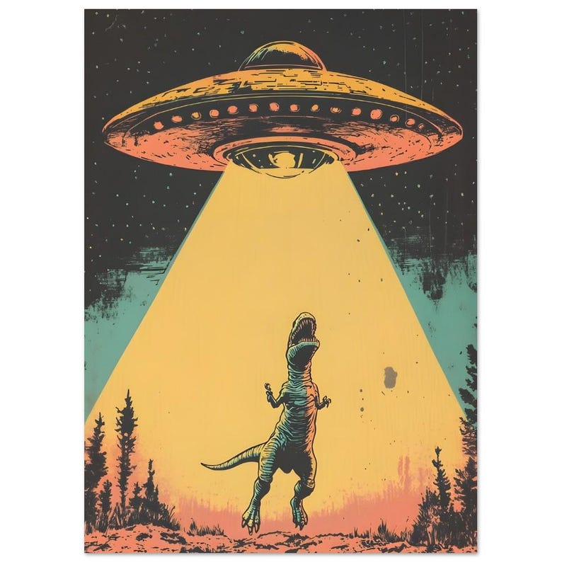 Arte mural alienígena: OVNI secuestrando dinosaurios, póster retro de ciencia ficción, lámina original de T-Rex. imagen 2