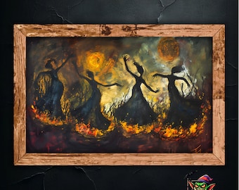 Mystical Dance of the Fire Witches, Abstract Art Painting Print, Hauntingly Beautiful Wall Decor, Enchanting Autumn