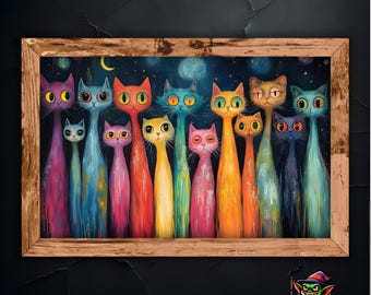 Colorful Cat Art Print, Whimsical Feline Wall Art, Abstract Cat Painting, Cute Animal Artwork, Vibrant Cat Decor, Modern Cat Art