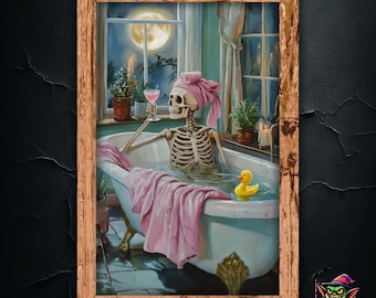 Skeleton in Bathtub Print, Skeleton Wall Art, Funny Gothic Bathroom Decor, Moonlit Skeleton Art, Halloween Skeleton Artwork