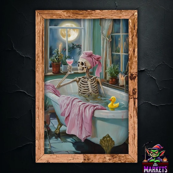 Skeleton in Bathtub Print, Skeleton Wall Art, Funny Gothic Bathroom Decor, Moonlit Skeleton Art, Halloween Skeleton Artwork