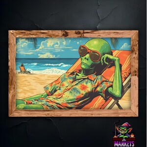 Könnte beinhalten: Ein grüner Außerirdischer mit Sonnenbrille und einem tropischen Hemd entspannt sich auf einem Strandstuhl. Der Außerirdische befindet sich an einem Strand mit blauem Wasser und einer Palme im Hintergrund.