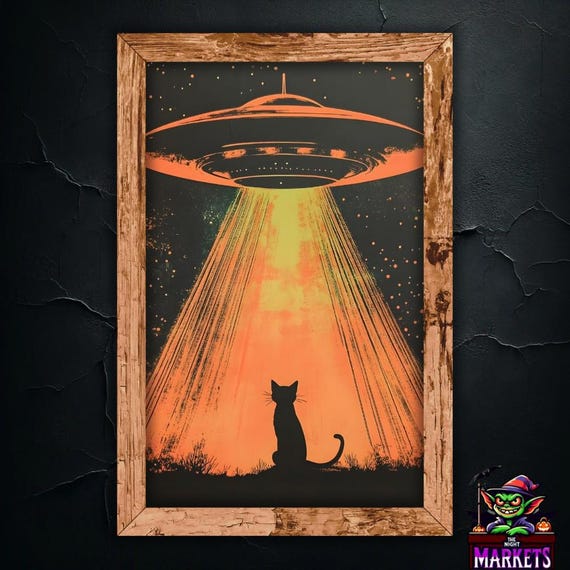 エイリアンと猫のウォールアート - UFOの笑顔の猫、レトロSFアート