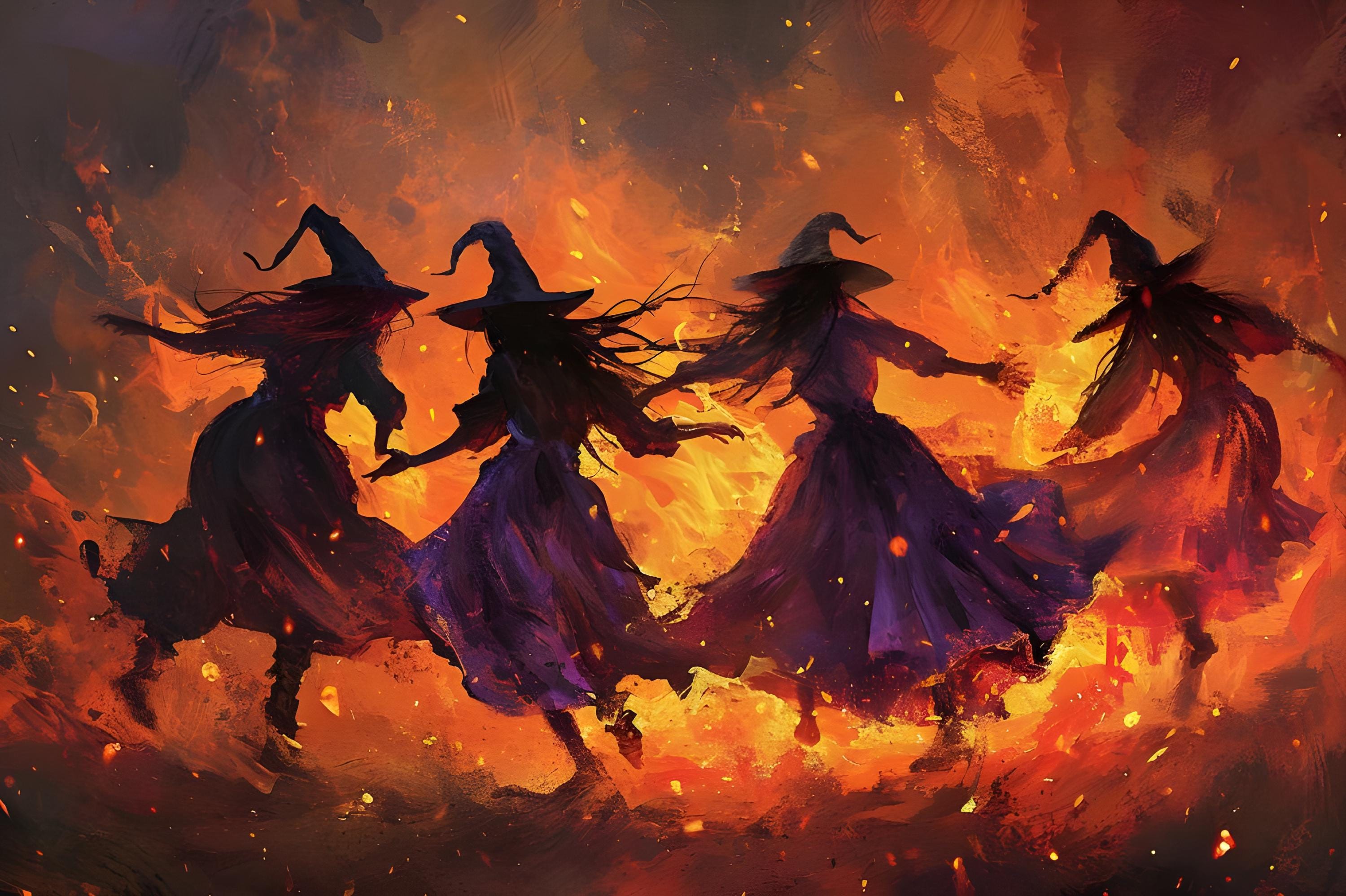 Dancing Witches Wall Art Fire Witches in Gothic Painting Enchanting