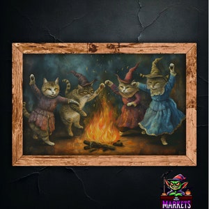 焚き火の周りで踊る猫の魔女の壁アート、|タペストリー絵画、魔法の室内装飾
