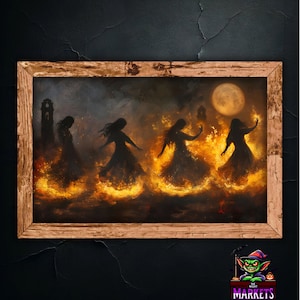 Mystical Fire Dance Wall Art, Moonlit Night Painting Print, Dark Fantasy Home Decor, Witchy Aesthetic Artwork