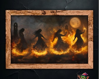 Mystical Fire Dance Wall Art, Moonlit Night Painting Print, Dark Fantasy Home Decor, Witchy Aesthetic Artwork