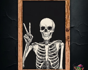 Skeleton Peace Sign Wall Art Print, Spooky Halloween Decor, Gothic Skeleton Art Poster, Unique Skeleton Peace Sign Artwork for Home