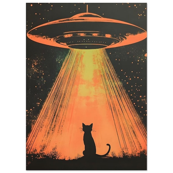 エイリアンと猫のウォールアート - UFOの笑顔の猫、レトロSFアート