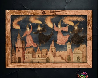 Flying Witches Burning Village - Medieval Tapestry Style Poster