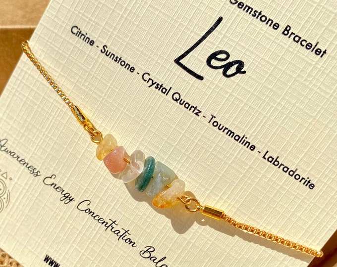 Leo Bracelet, Zodiac Gemstone Bracelet, Leo Gemstone Bracelet, Birthday Gift for Leo, Horoscope Crystals, Adjustable Pull Tie Bracelet