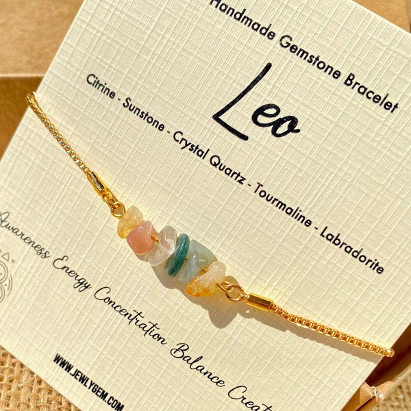 Leo Bracelet, Zodiac Gemstone Bracelet, Leo Gemstone Bracelet, Birthday Gift for Leo, Horoscope Crystals, Adjustable Pull Tie Bracelet