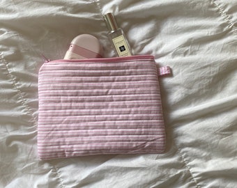 Pink and White Striped Quilted Pouch, cosmetic organizer, Quilted travel pouch,Christmas gift, Bridesmaid gift,gift for her, teen girl gifts