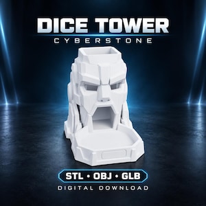 Może przedstawiać: Biała wieża na kości o geometrycznym, robotycznym kształcie twarzy. Tekst DICE TOWER CYBERSTONE znajduje się u góry, a STL OBJ GLB DIGITAL DOWNLOAD na dole. Konstrukcja posiada pustą głowę oraz przednią tackę do rzucania kośćmi.
